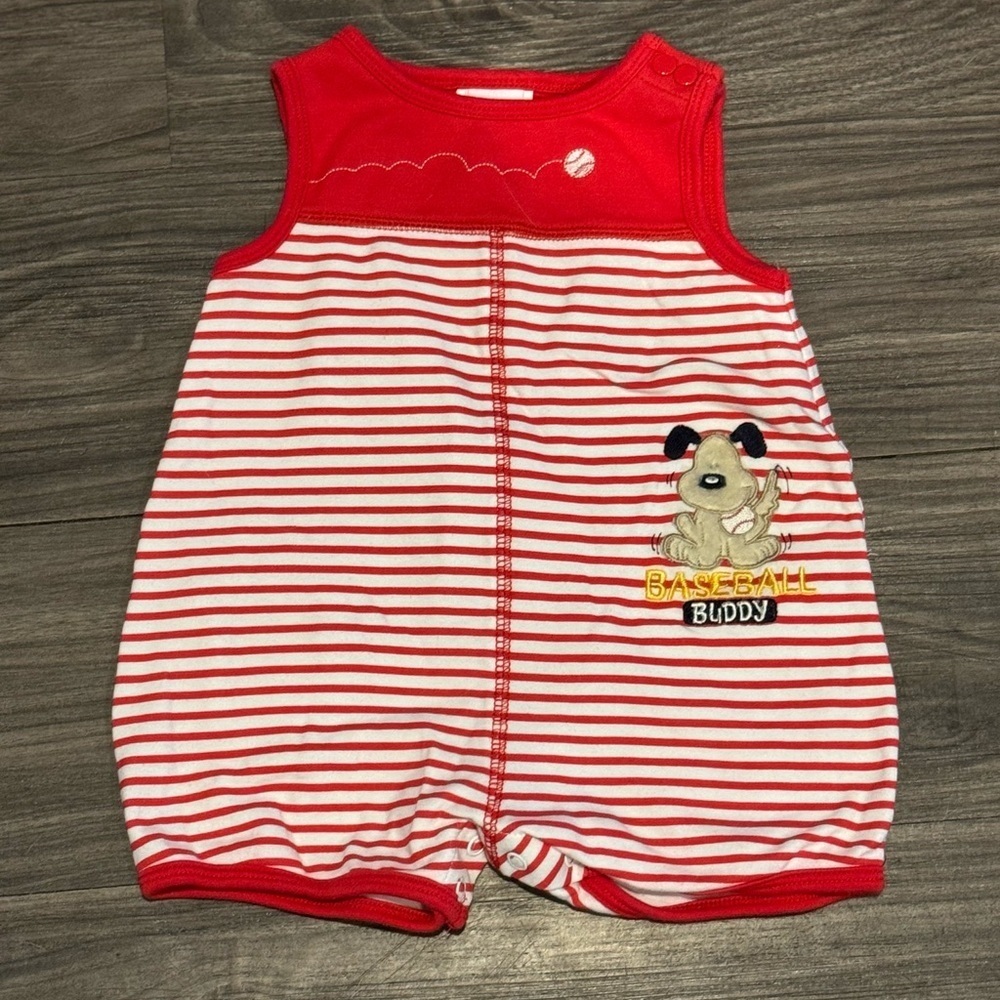 Vintage Okie Dokie Baby Bodysuit 6M Red White Striped Baseball Buddy Romper